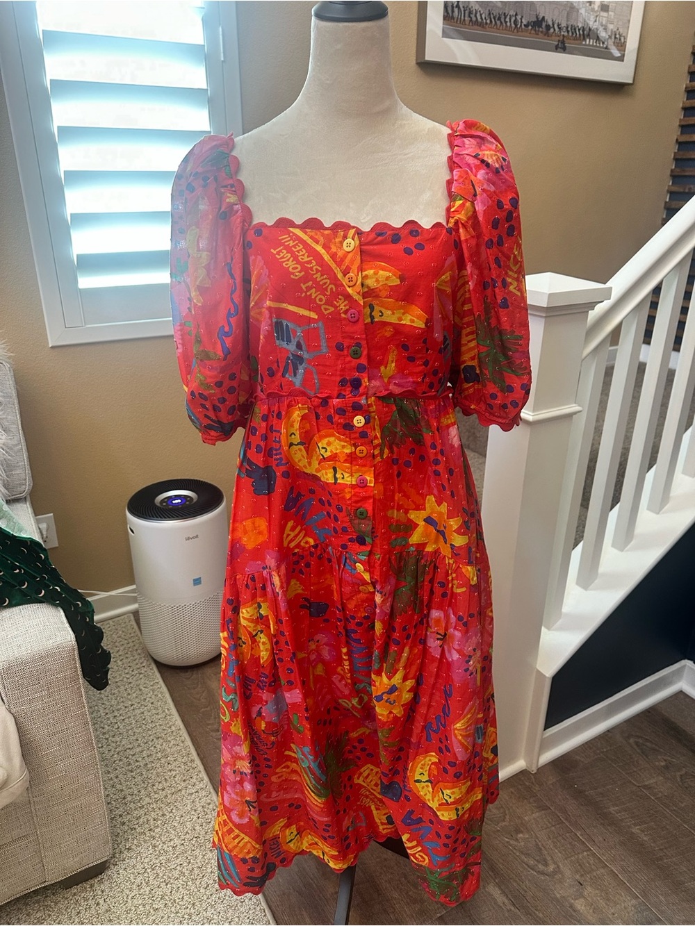FARM Rio Red Printed Puff-Sleeve Midi Dress